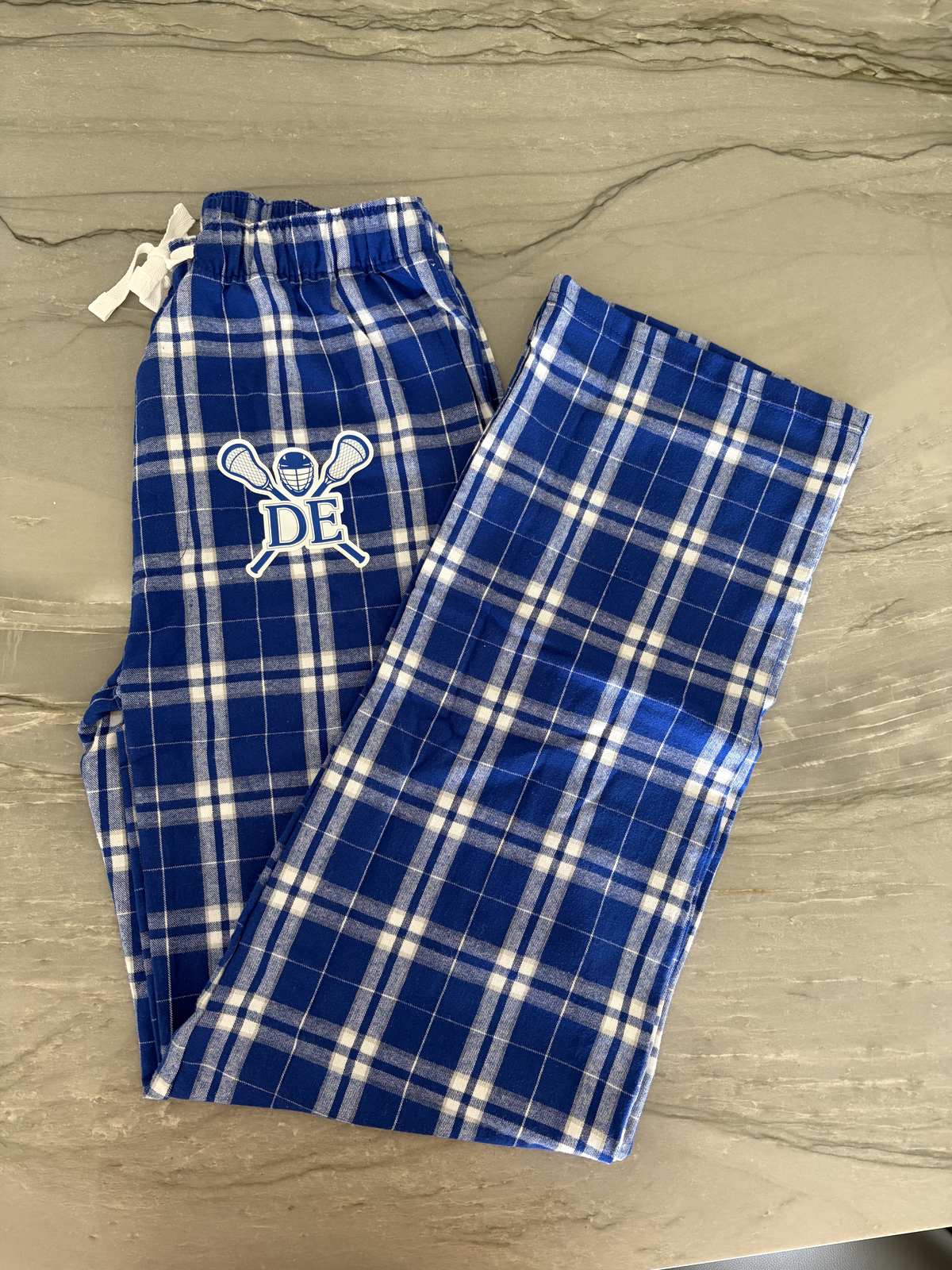 Blue plaid custom pajama pants with a monogram