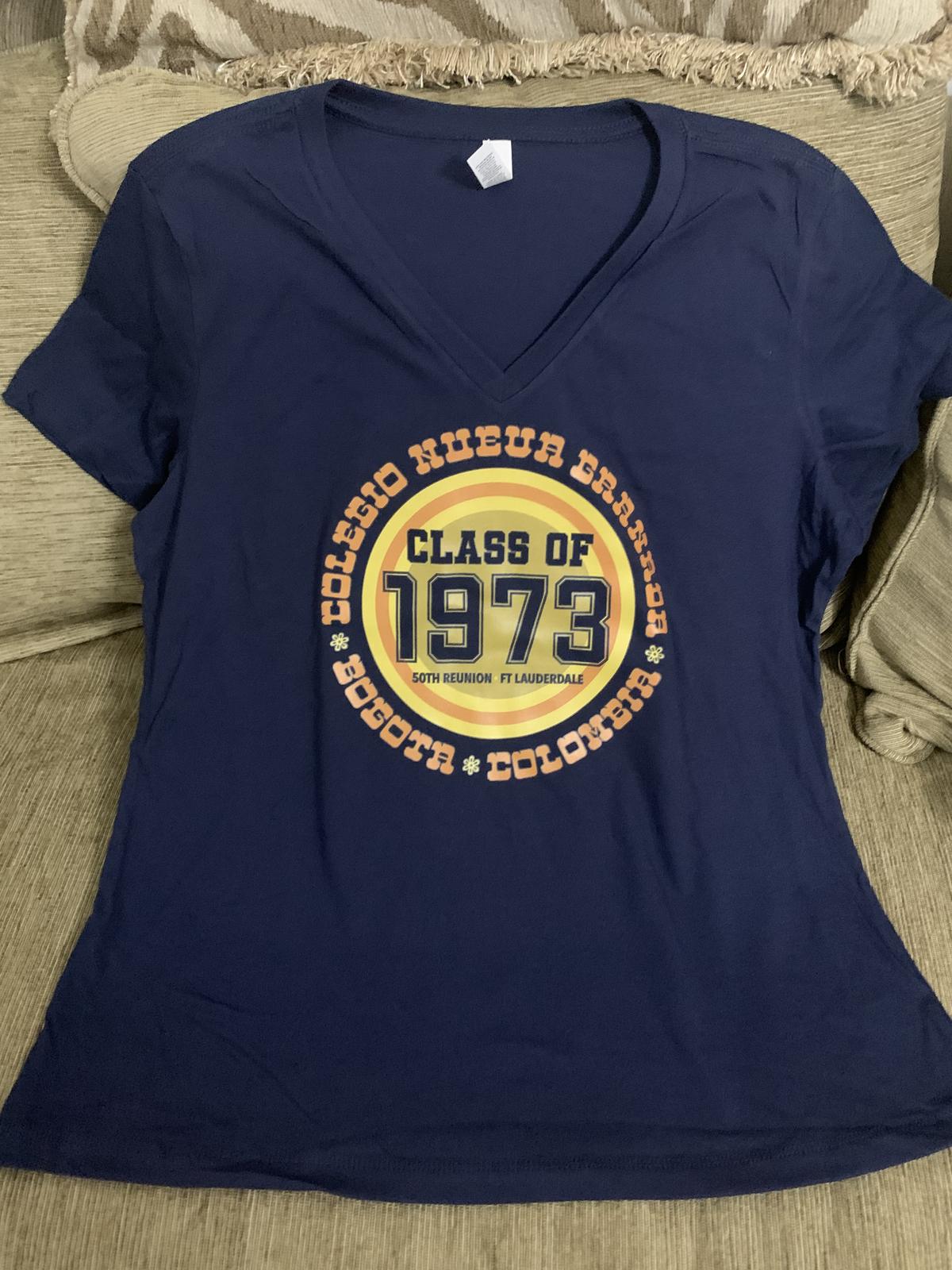 Navy custom v-neck shirt printed with a class reunion design
