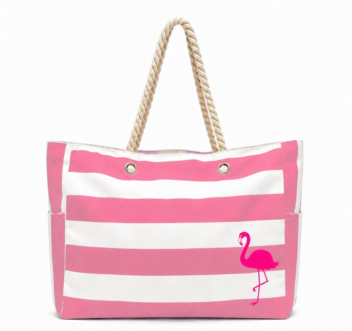 Custom pink striped canvas beach bag printed with a flamingo design