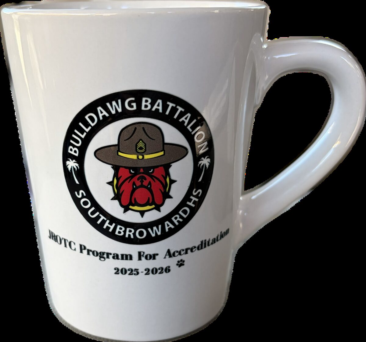 White custom mug printed with a high school JROTC program logo