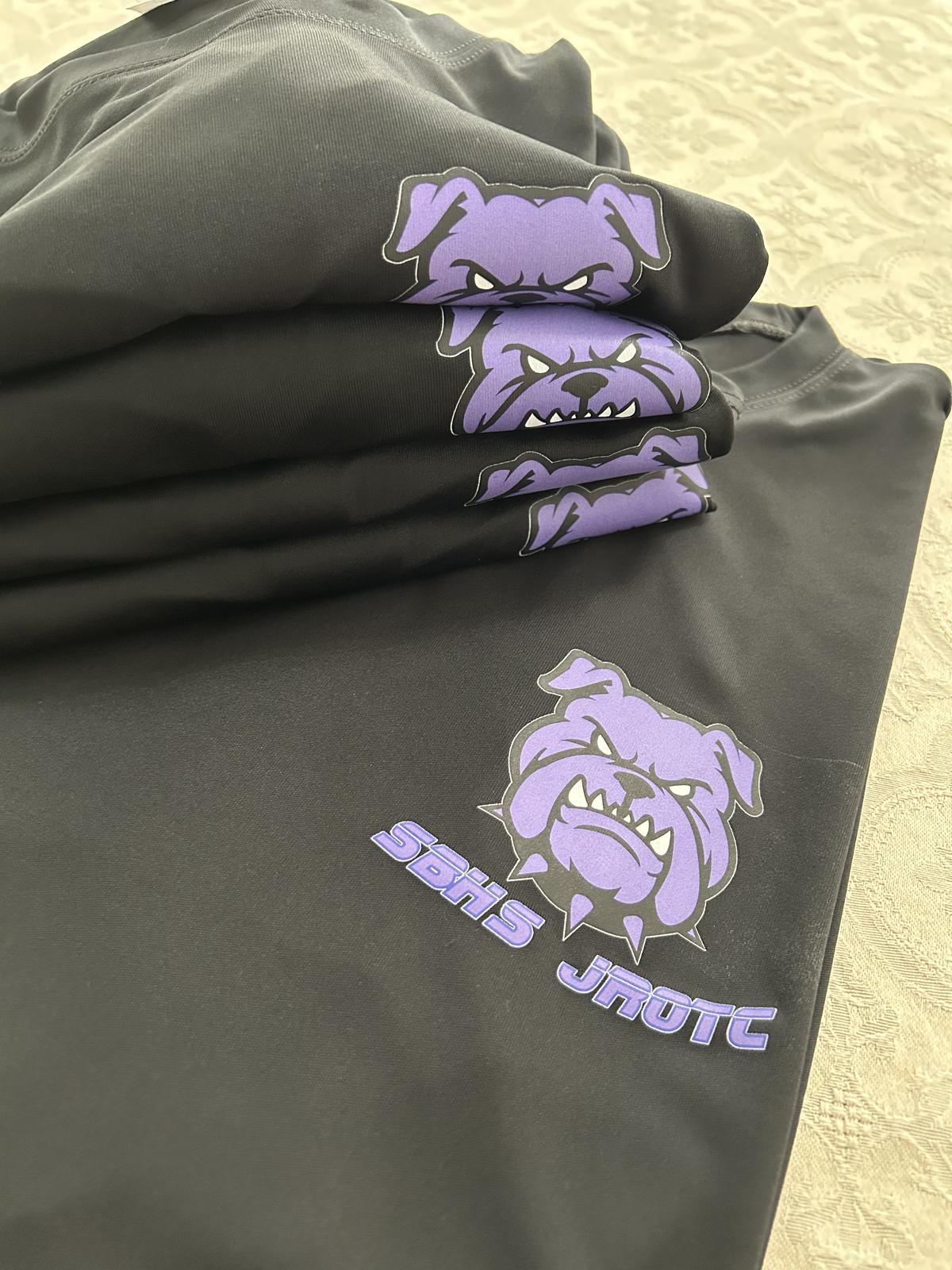 Olive custom shirts printed with a school JROTC bulldog mascot