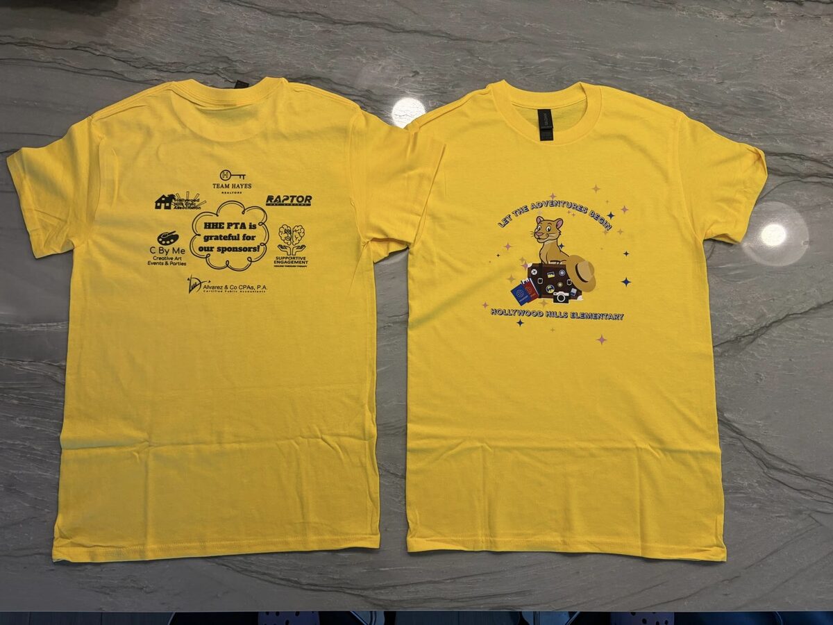 Yellow custom school PTA t-shirts shown front and back