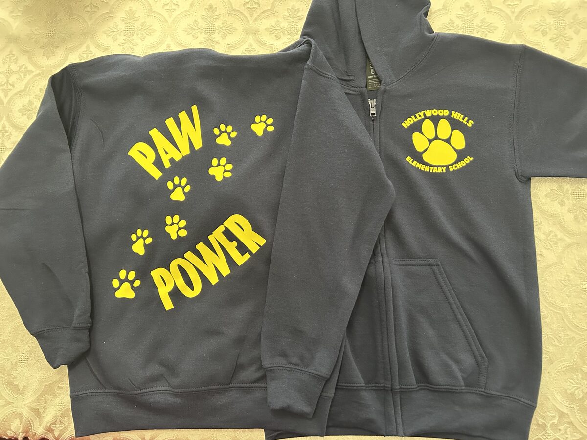 Custom school spirit zip hoodie printed with a paw power design