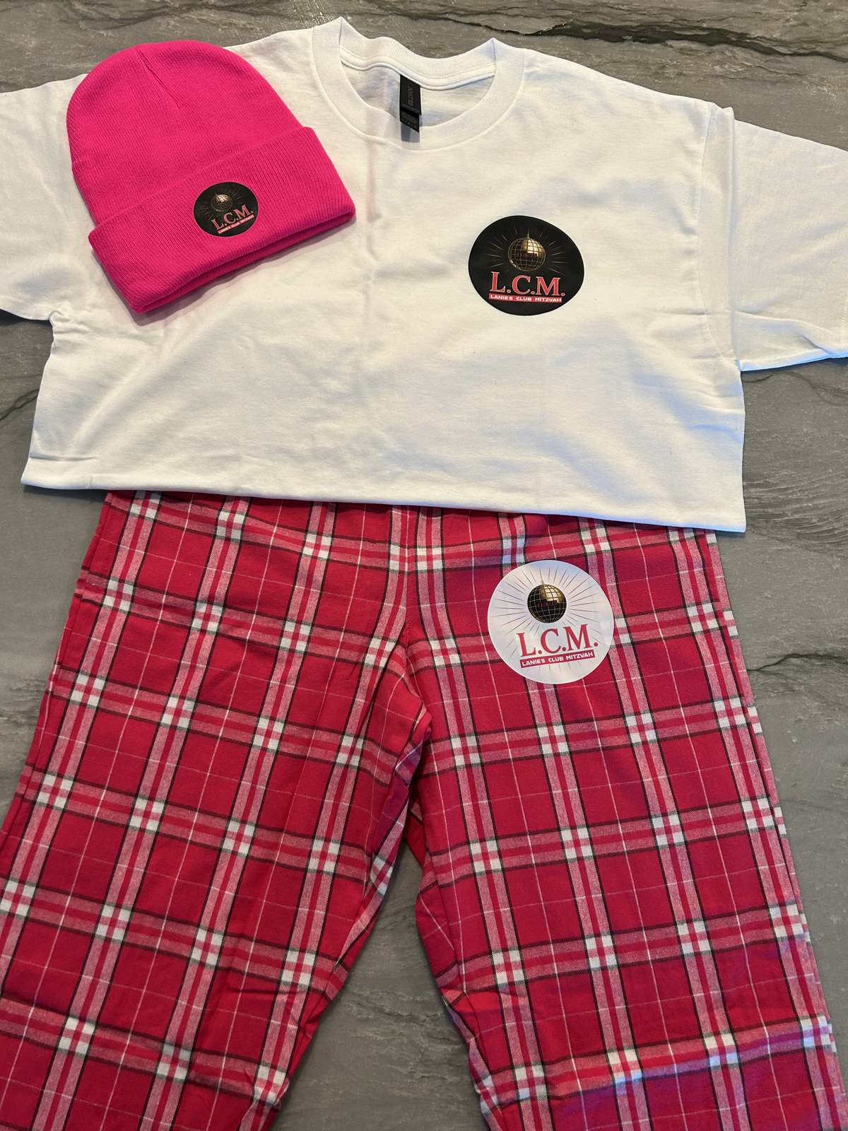 Custom school uniform set including a beanie, t-shirt and plaid pants